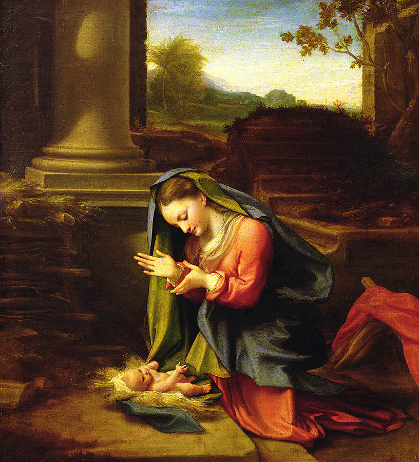 Madonna Painting - Our Lady Worshipping the Child by Correggio