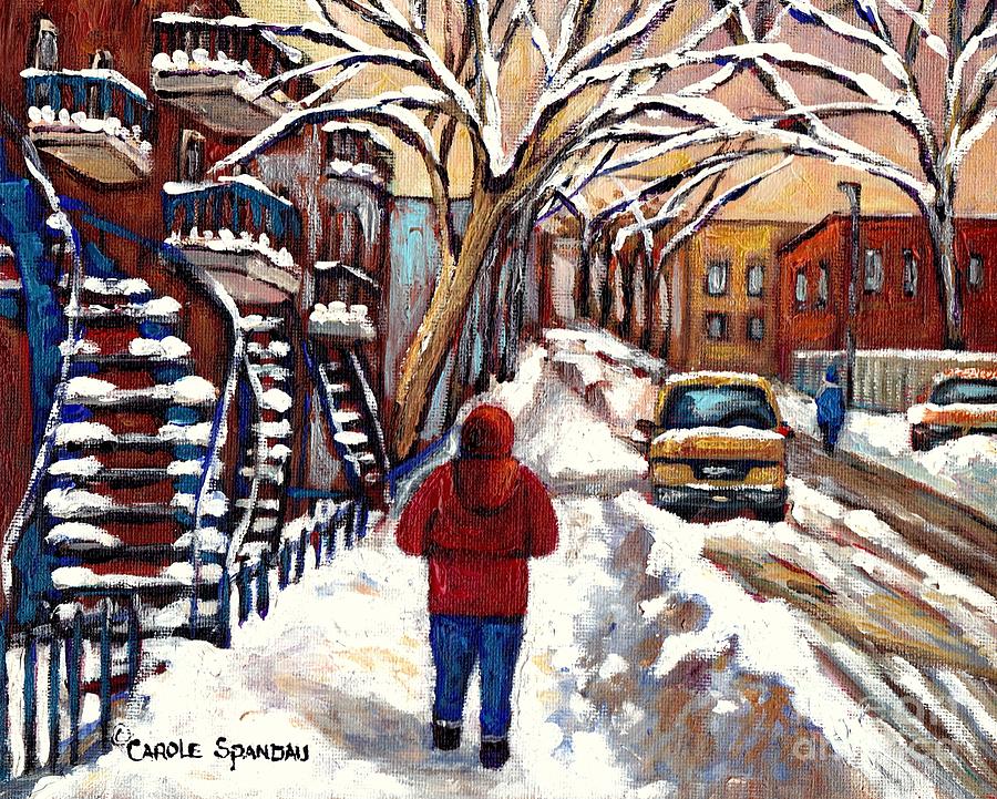 Out For A Walk Winter Staircases In Montreal Canadian Art Urban Landscape Painting Carole Spandau Painting by Carole Spandau