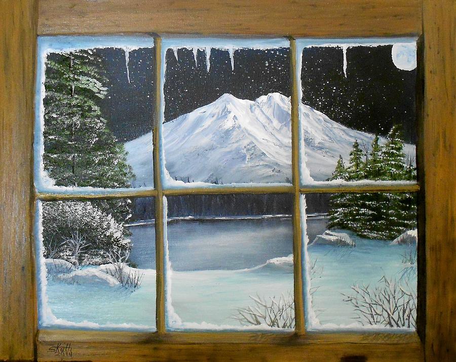 Winter Scene Painting On A Window Frame