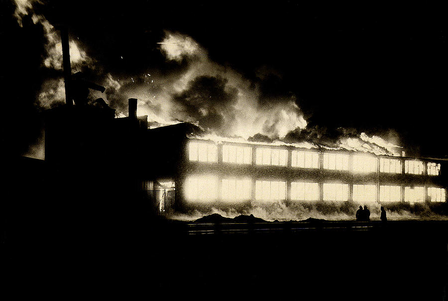 Out of control blaze firemen sash company Aberdeen South Dakota 1964 sepia toned 2008 Photograph by David Lee Guss