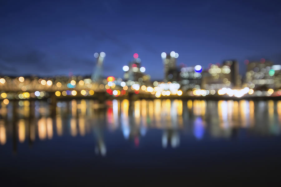 Out Of Focus Portland City Skyline At Blue Hour Photograph