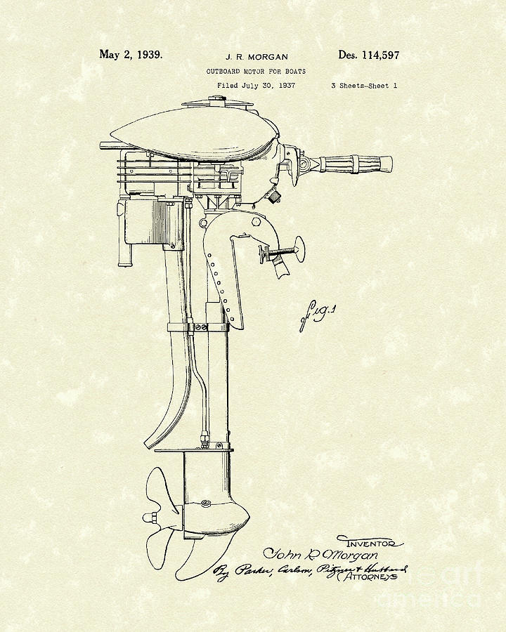 Outboard Motor 1939 Patent Art Drawing by Prior Art Design