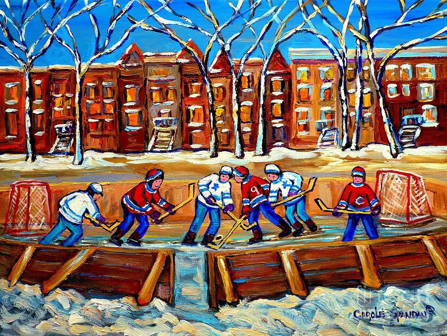 Outdoor Hockey Rink Winter Landscape Canadian Art Montreal Scenes Carole Spandau Painting by Carole Spandau