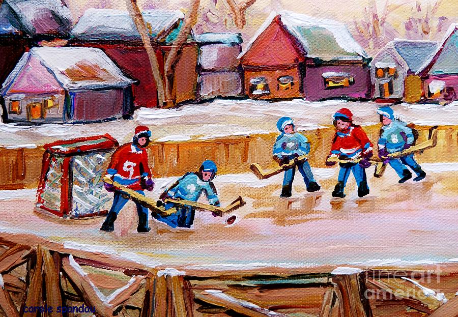Outdoor Rink Hockey Game In The Village Hockey Art Canadian Landscape Scenes Carole Spandau Painting by Carole Spandau