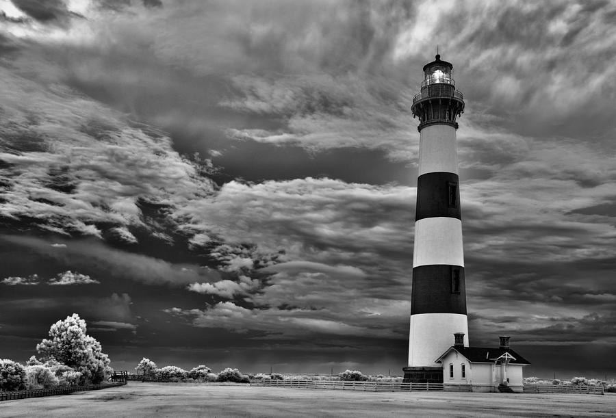 outer Banks - Stormy Day at Bodie Lighthouse BW Photograph by Dan Carmichael