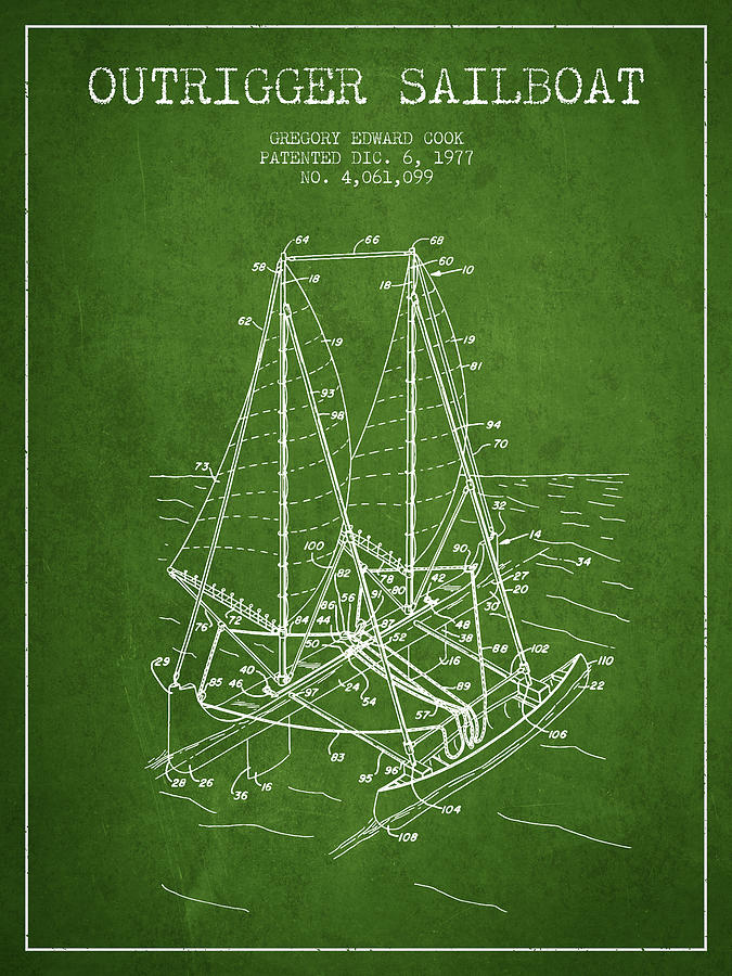 Outrigger Sailboat Patent From 1977 - Green Digital Art