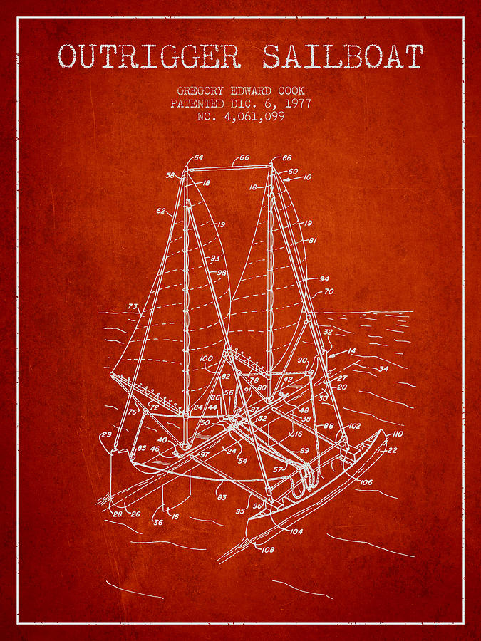 Outrigger Sailboat Patent From 1977 - Red Digital Art