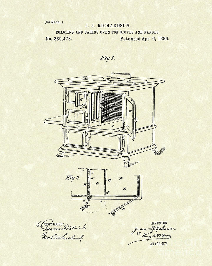 Oven 1886 Patent Art Drawing by Prior Art Design