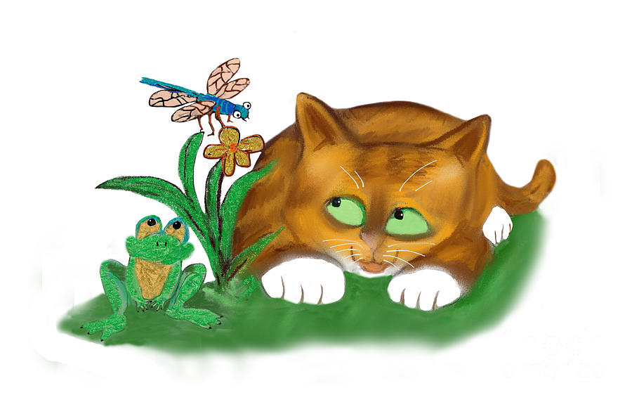Over by the Pond Sit Dragonfly with Frog and Orange Tiger Kitten Digital Art by Ellen Miffitt