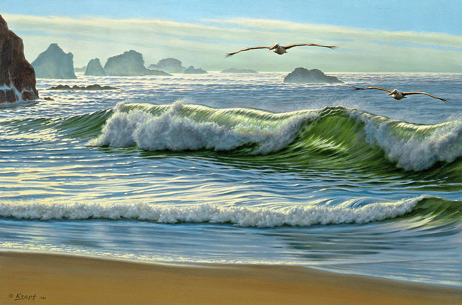 Pelican Painting - Over the Curl by Paul Krapf