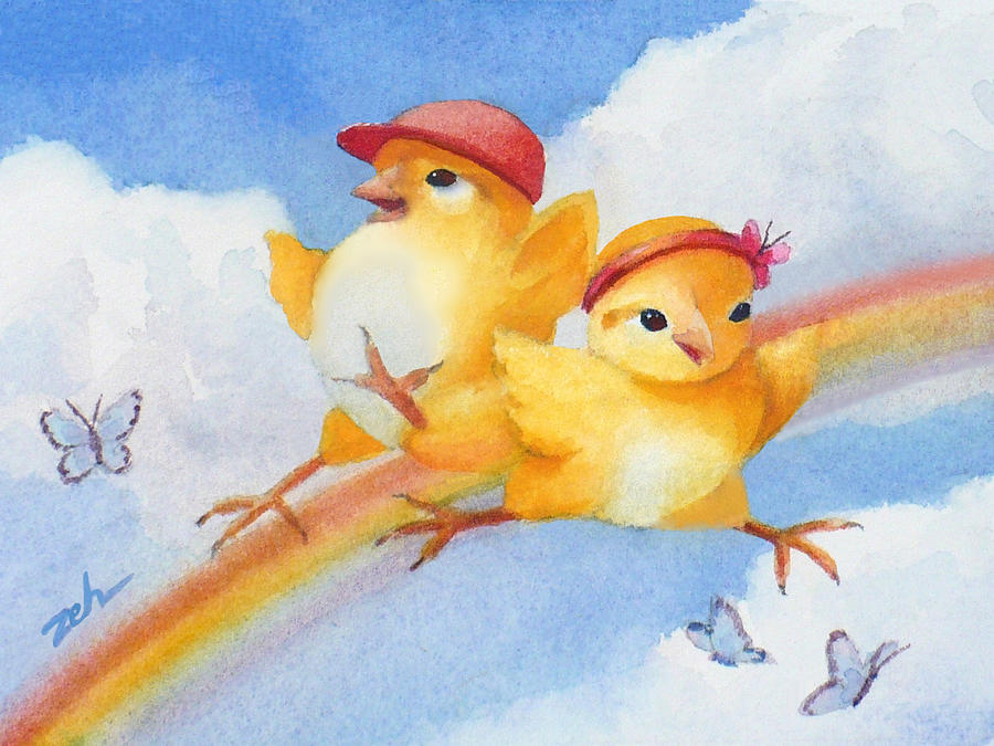 Baby Chicks - Over the Rainbow Painting by Janet Zeh