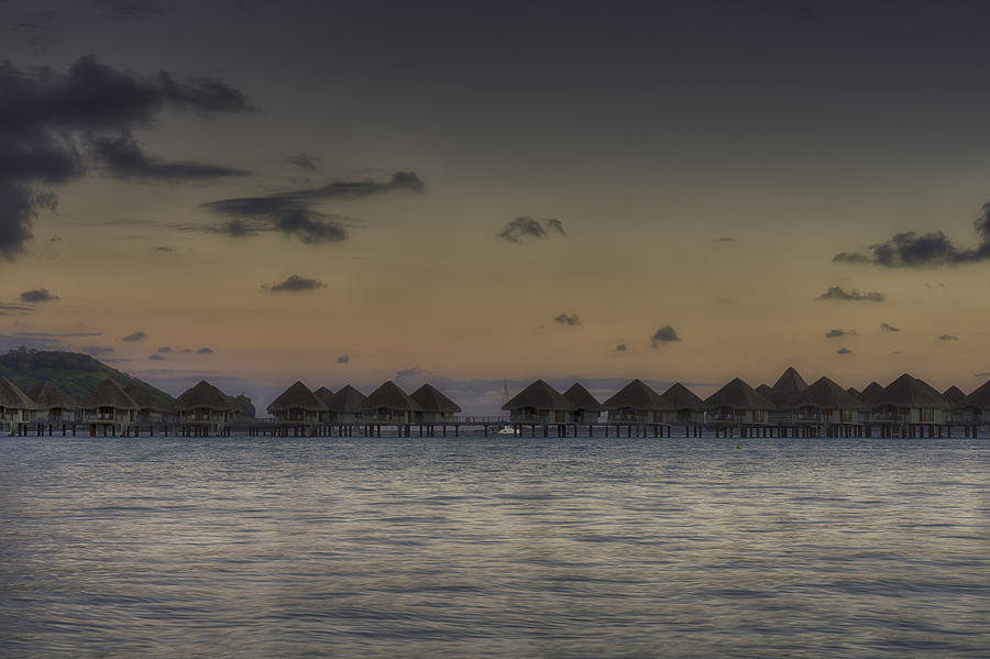 Overwater Bungalows At Sunset in Bora Bora Photograph by Mel Ashar