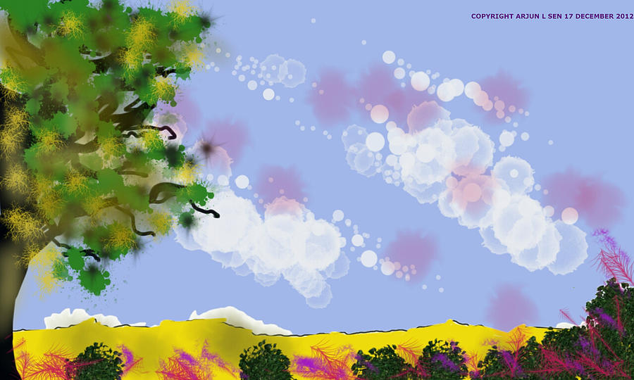 Tree Painting - Over Yonder Hill There Be Tranquillity by Arjun L Sen