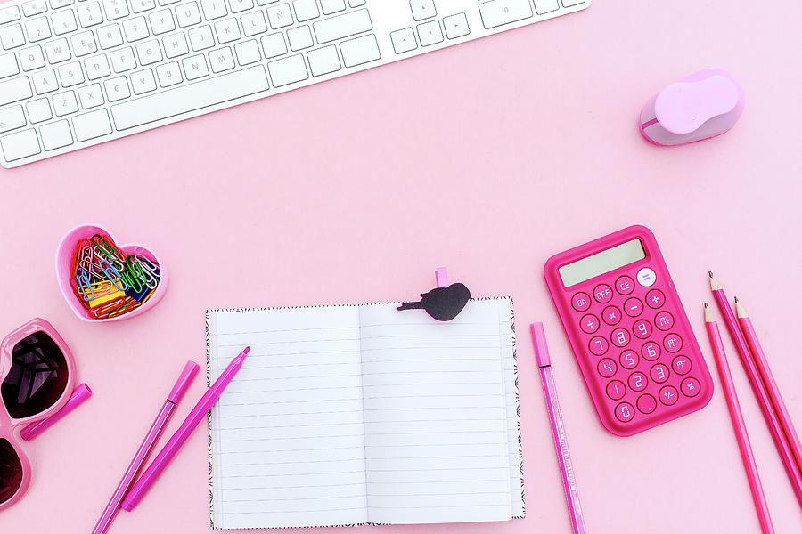 Overhead  Pink Studio Desk Photograph by Carol Yepes