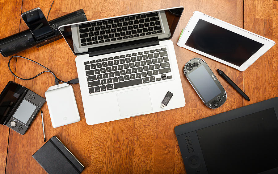 Overhead View Of Electronic Devices On A Desk Photograph by Diane555