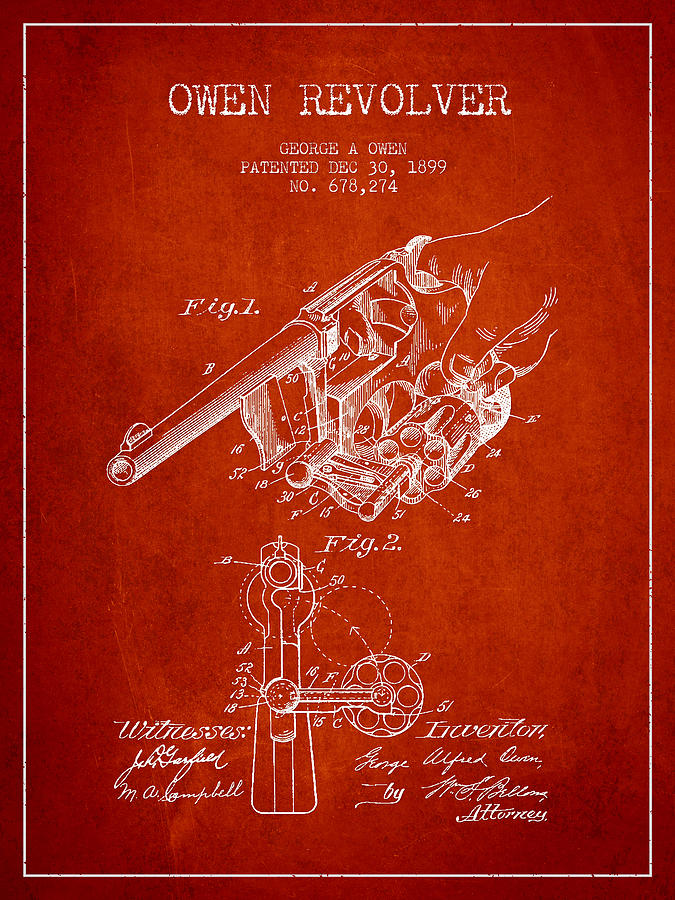 Vintage Digital Art - Owen revolver Patent Drawing from 1899- Red by Aged Pixel