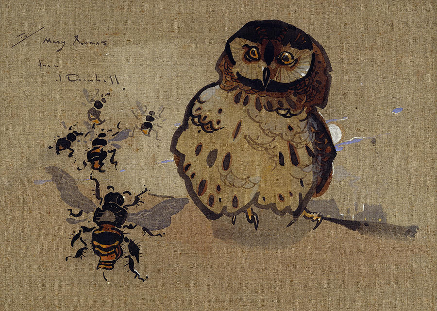 Insects Painting - Owl And Bees by Joseph Crawhall
