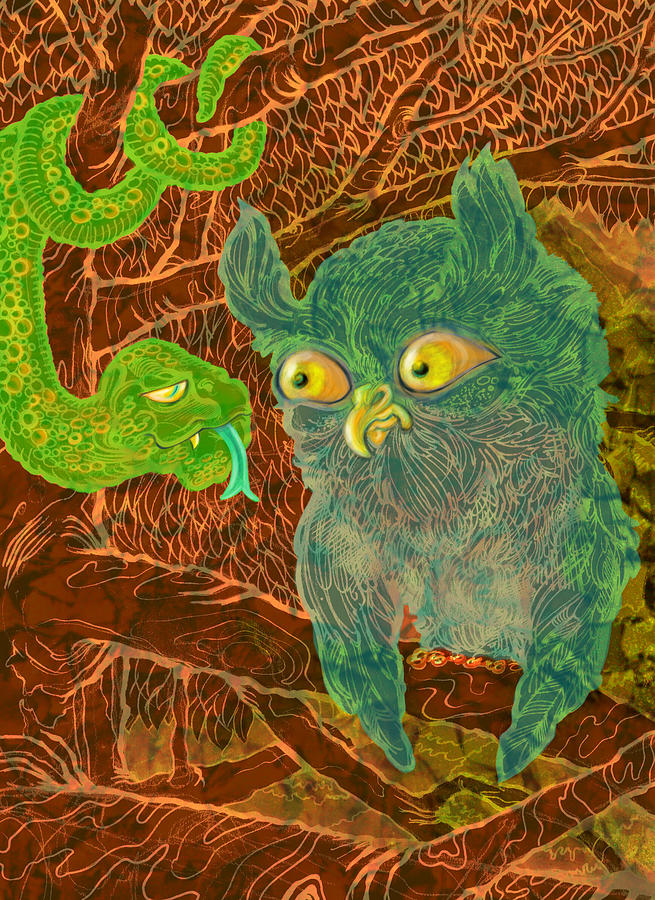 Owl and Snake Digital Art by Lee Nycz