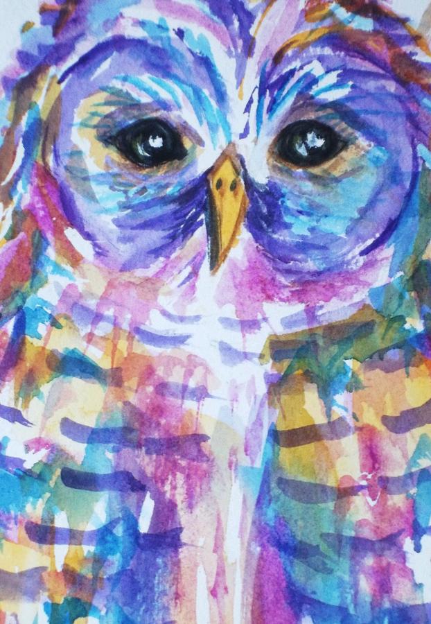 Owl-Barred Owl-Rainbow-Close Crop Painting by Ellen Levinson