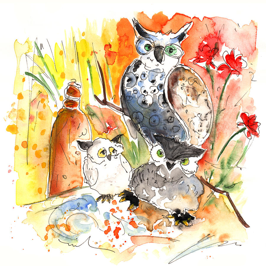 Owl Family in Velez Rubio Painting by Miki De Goodaboom