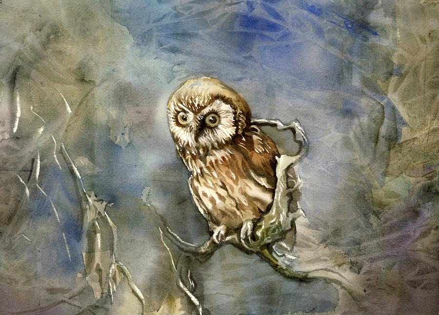 Owl In The Wood Painting by Alfred Ng