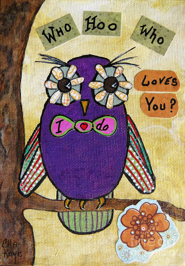 Owl Love Story - whimsical collage Painting by Ella Kaye Dickey