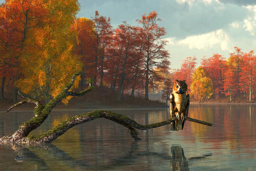 Owl on an Autumn Lake Digital Art by Daniel Eskridge
