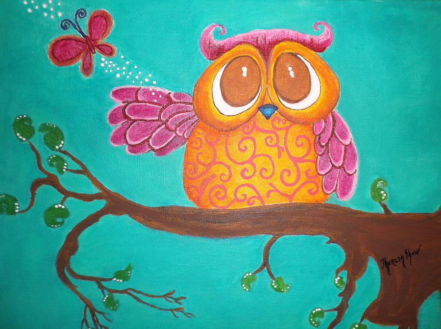 Owl Painting - Owl Releasing Butterfly by Theresa Shaw