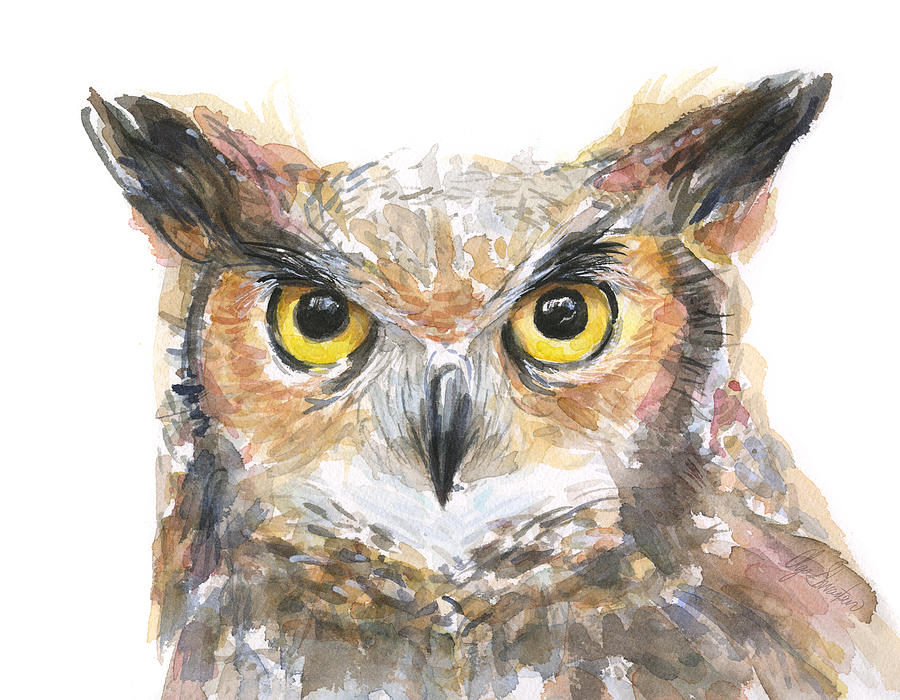 Owl Painting - Owl Watercolor Portrait Great Horned by Olga Shvartsur