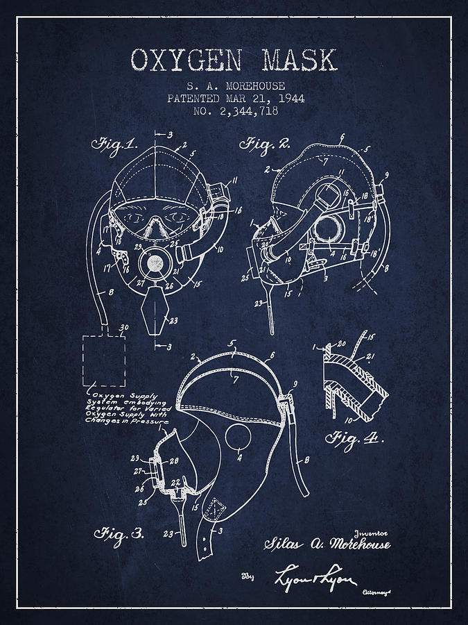 Oxygen Mask Patent From 1944 - Navy Blue Digital Art