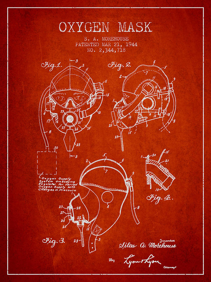 Vintage Digital Art - Oxygen Mask Patent from 1944 - Red by Aged Pixel