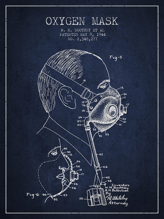 Vintage Digital Art - Oxygen Mask Patent from 1944 - Three - Navy Blue by Aged Pixel