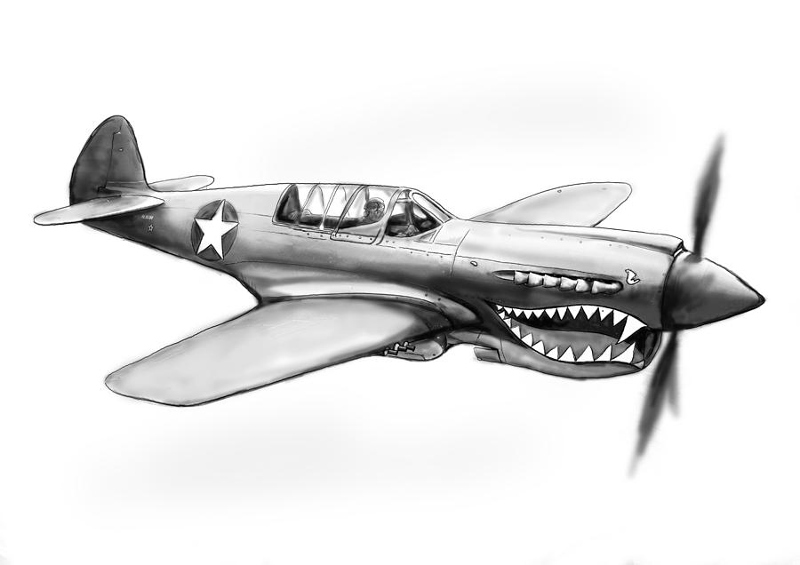 Portrait Painting - P-40 N Warhawh airplane drawing art poster by Kim Wang