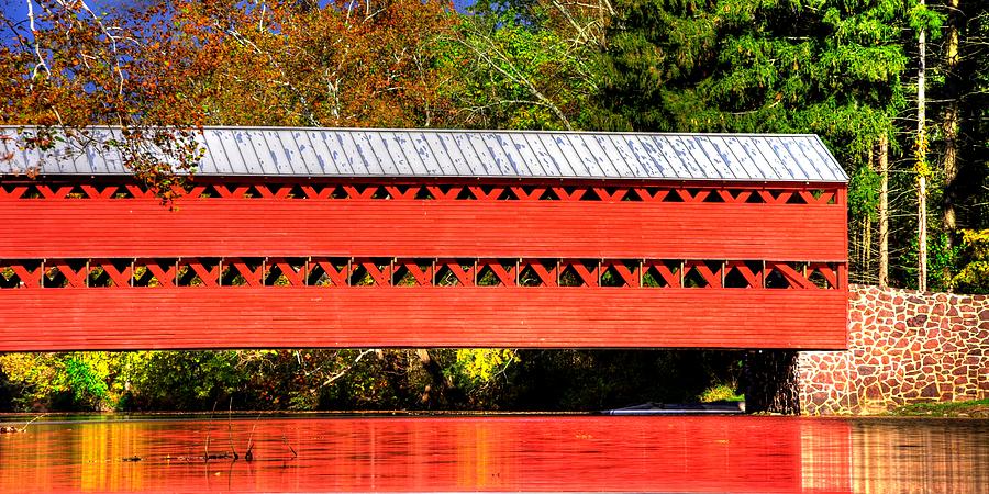 PA Country Roads - Sachs Covered Bridge - The Red Carpet in Marsh Creek - Adams County Autumn Photograph by Michael Mazaika