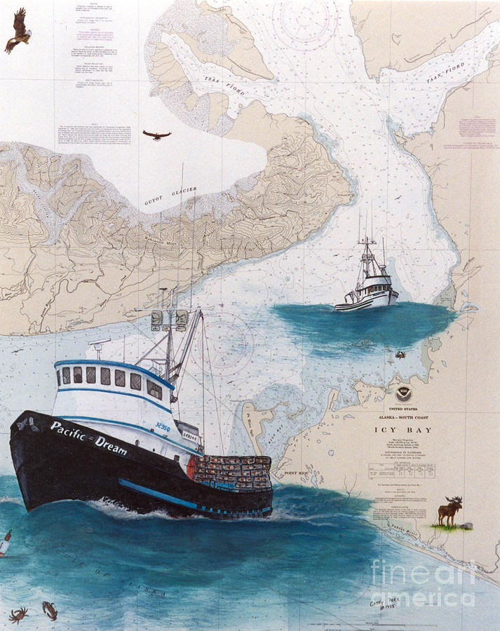 Fish Painting - PACIFIC DREAM Crab Fishing Boat Cathy Peek Nautical Chart Art Alaska by Cathy Peek