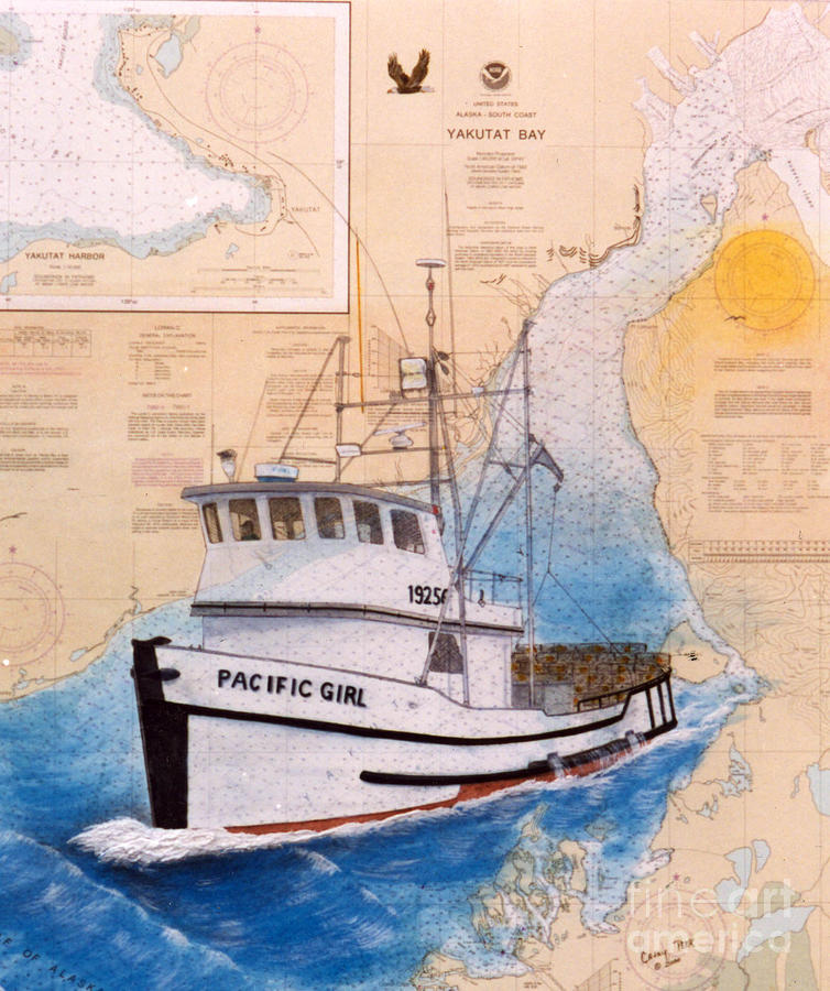 PACIFIC GIRL Crab Fishing Boat Cathy Peek Nautical Chart Art