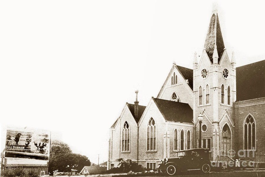 Bull Durham Photograph - Pacific Grove Methodist Church on Lighthouse ave with Bull Durham 1932 by Monterey County Historical Society