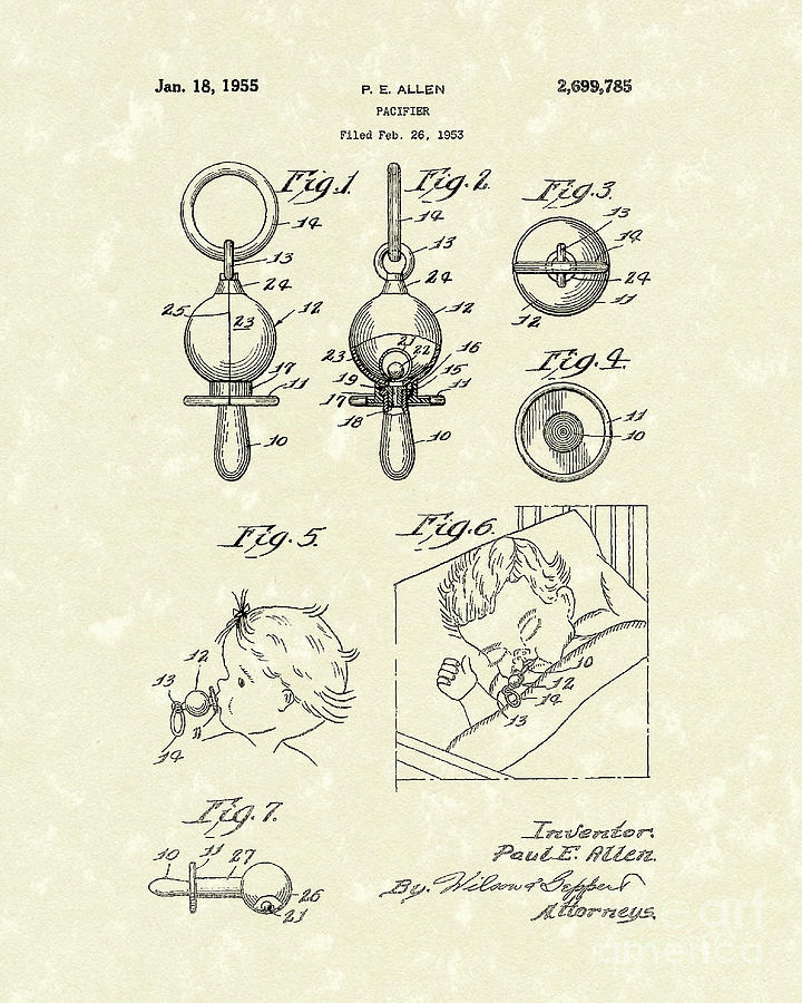 Pacifier 1955 Patent Art Drawing by Prior Art Design