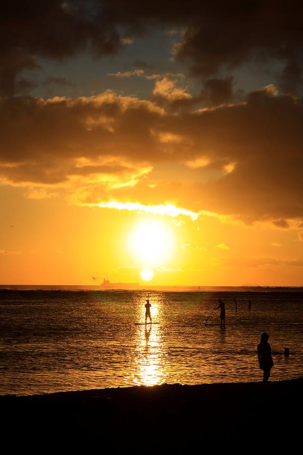 Sunset Photograph - Paddle Boarding Oahu by DJ Florek