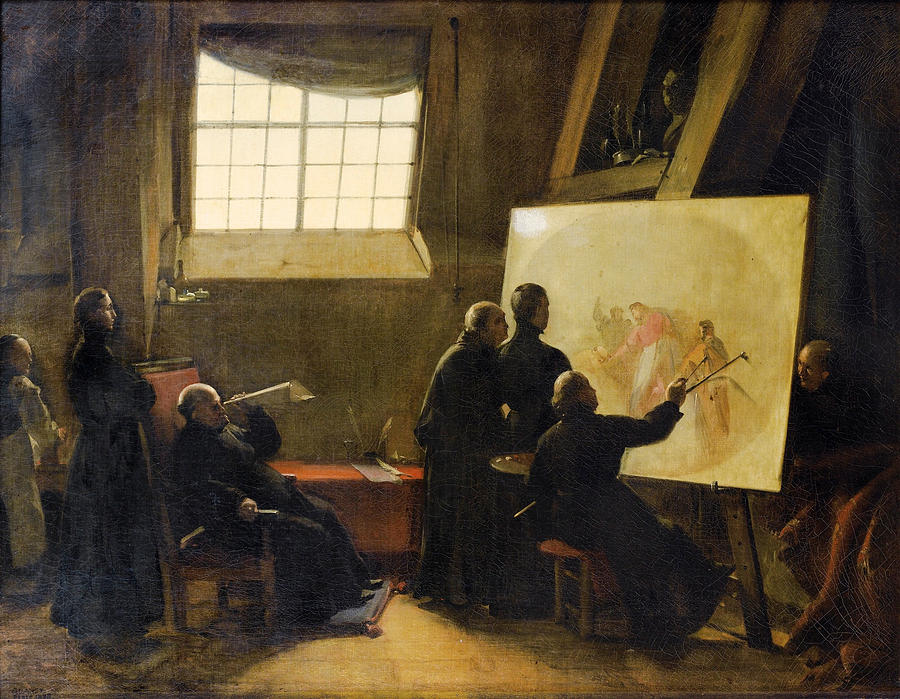 Francois Marius Granet Painting - Padre Pozzo painting in his Studio surrounded by Monks of his Order by Francois Marius Granet