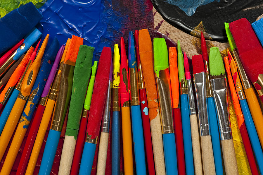 Paintbrushes lined up on palette Photograph by Jim Corwin