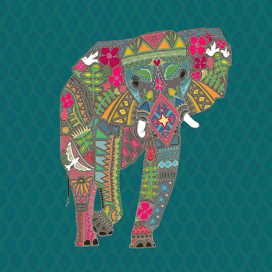 Flower Drawing - Painted Elephant Almas Teal by MGL Meiklejohn Graphics Licensing
