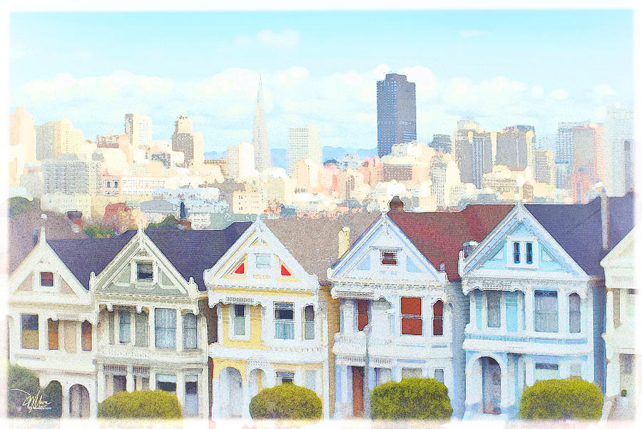 Wall Decor Painted Ladies Blue SAN FRANCISCO Victorian Houses Pink CALIFORNIA 5 x 7 Colorful Illustration Art Print Yellow