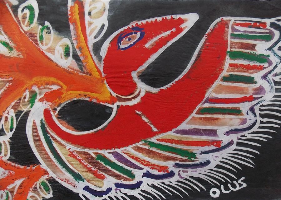 Painted wax batik bird Mixed Media by Okunade Olubayo