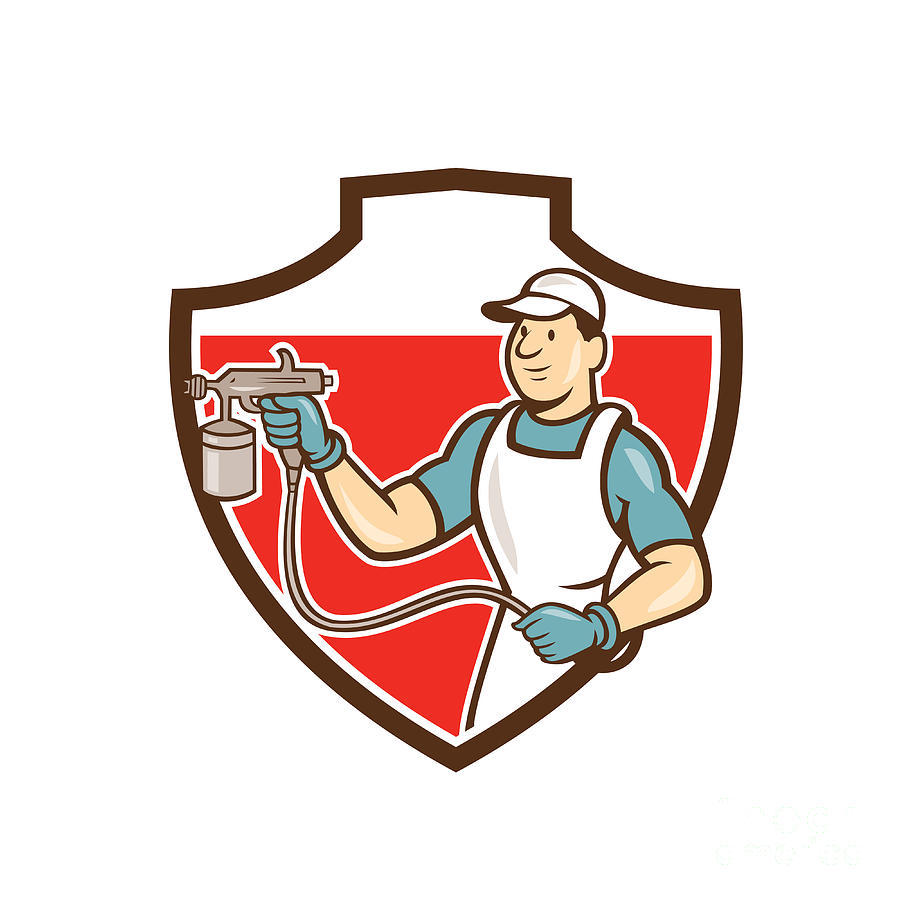 Hat Digital Art - Painter Spray Gun Spraying Shield Cartoon by Aloysius Patrimonio