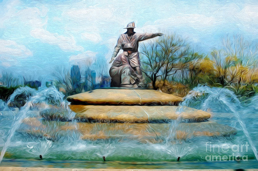 Painterly Firefighters Memorial Fountain  Mixed Media by Andee Design