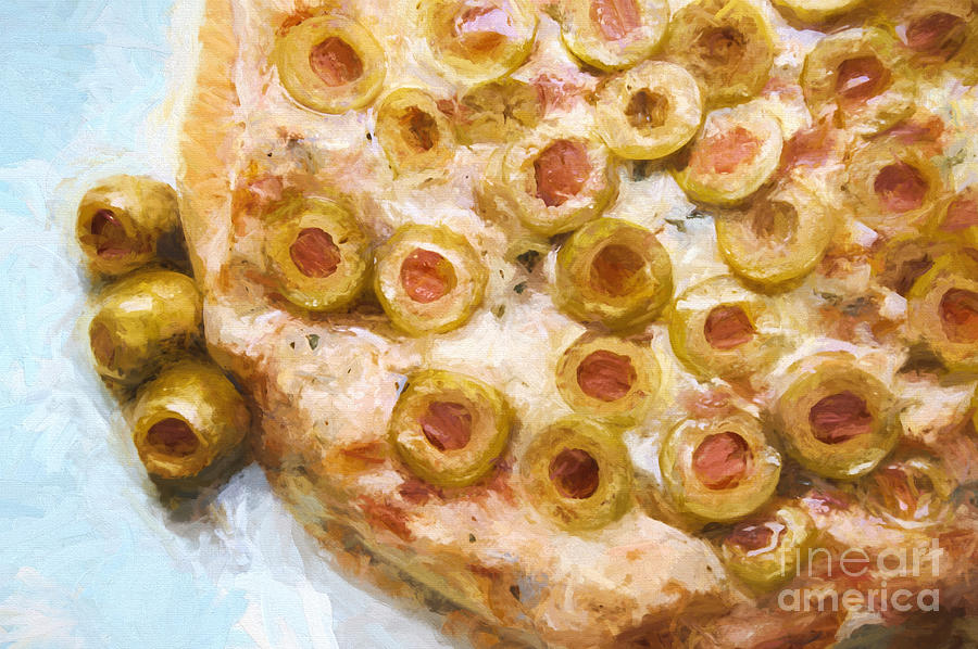 Painterly Green Olive Pizza Mixed Media by Andee Design