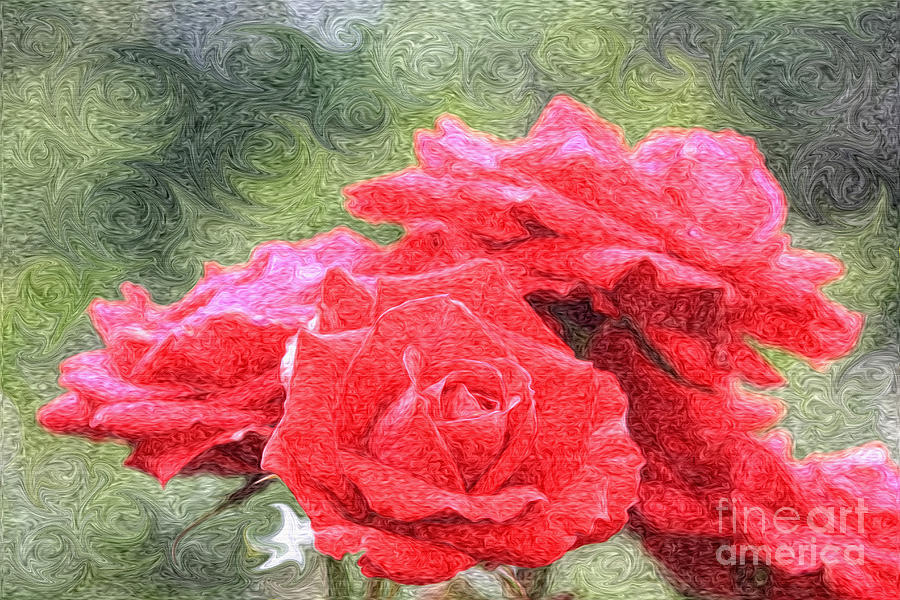 Painterly Red English Roses with Green Swirls Photograph by Beverly Claire Kaiya
