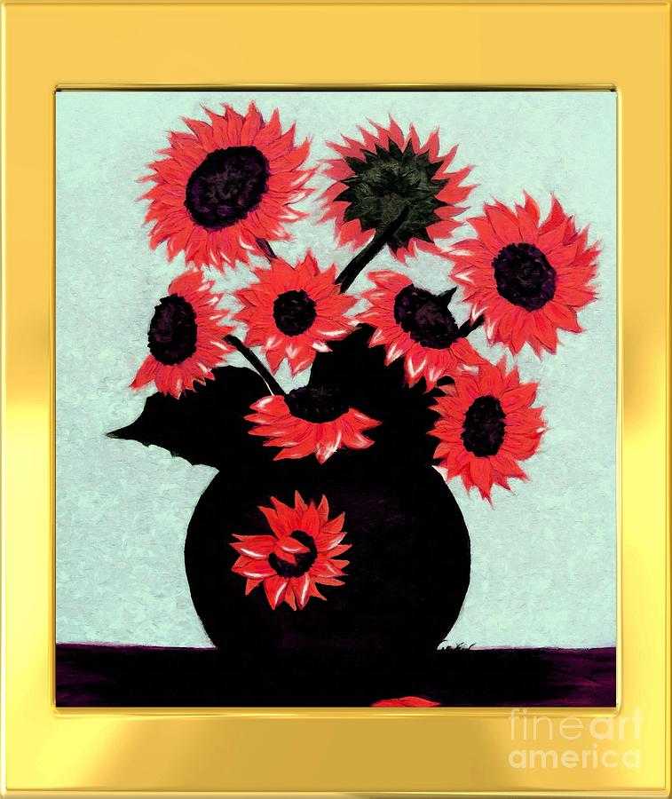 Painterly Red Sunflowers with Gold Border Painting by Barbara A Griffin