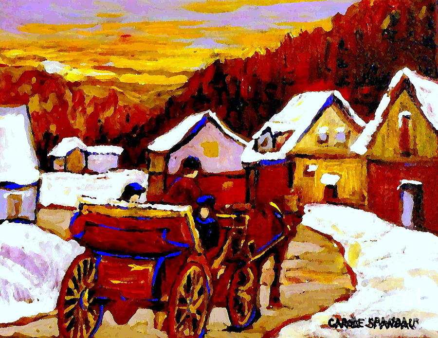 Painting Canadian Landscapes Red Sled Riders Home Before Sunset Quebec Landscape Paintings  Painting by Carole Spandau